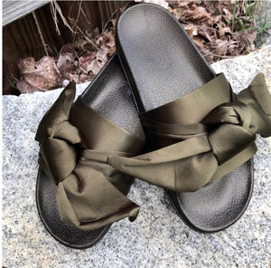 Shoes- Satin Bow Slides Olive